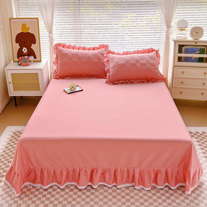 91家纺网 家纺一手货源 找家纺 情煊家纺 2024新款全棉斜纹花边床单系列-纯色款 粉玉