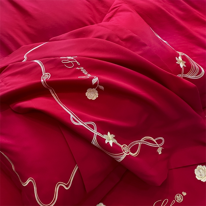 91家纺网 家纺一手货源 找家纺 宅家居 2024新款磨毛亲肤棉婚庆刺绣花四件套 锦上添花