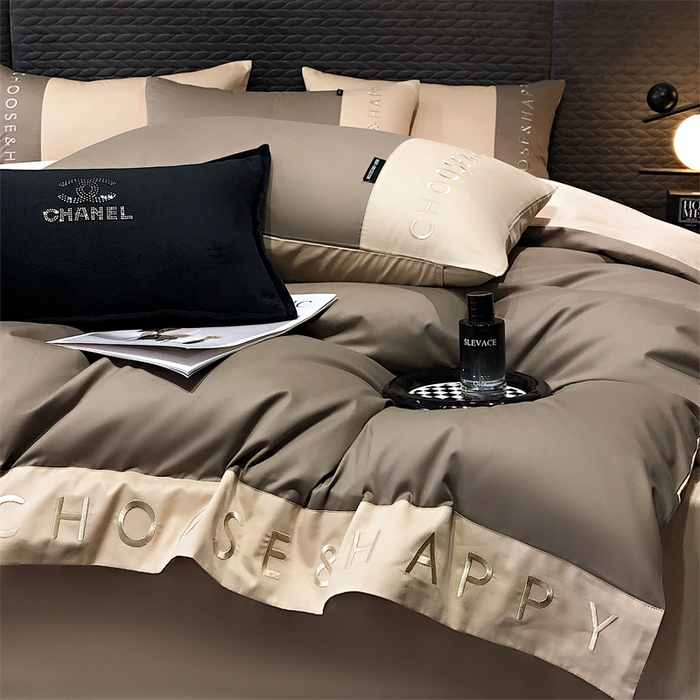 91家纺网 家纺一手货源 找家纺 凯磊 2024新款简约家居.刺绣纯色拼色四件套--伊可系列（拍法一） 奶咖色+饼干色