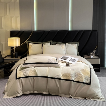 丝印良品 2024新款全棉60S刺绣床单床笠高档四件套 浅栗咖