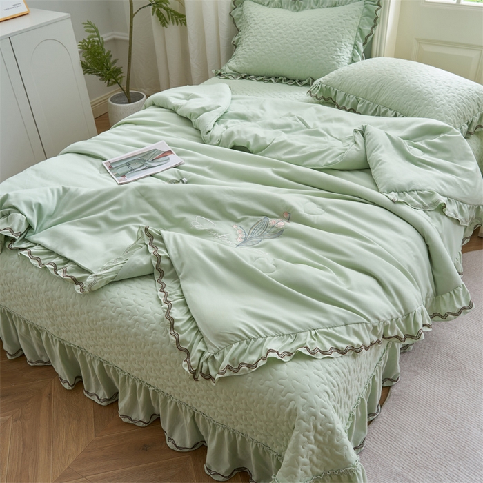 91家纺网 家纺一手货源 找家纺 恒爱家纺 2024新款玉玲珑单床盖 橄榄绿
