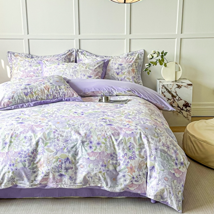 91家纺网 家纺一手货源 找家纺 棉生活 2024新款铂金棉高支数码印花四件套 盛夏光景　紫