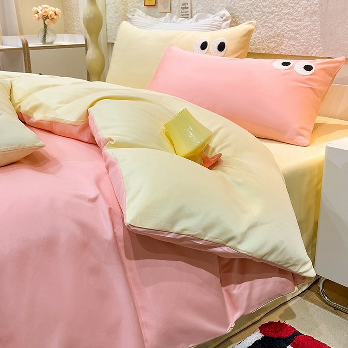 91家纺网 家纺一手货源 找家纺 艾米家居 2025新款水洗真丝大眼睛系列四件套 玉色+黄