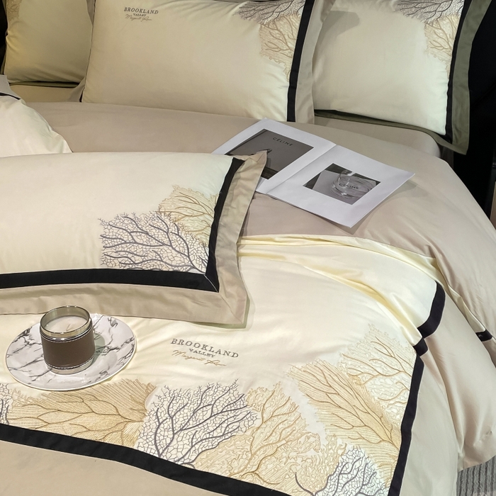 91家纺网 家纺一手货源 找家纺 绒世界 绒世界 2025新款全棉60S刺绣床单床笠高档四件套 浅栗咖