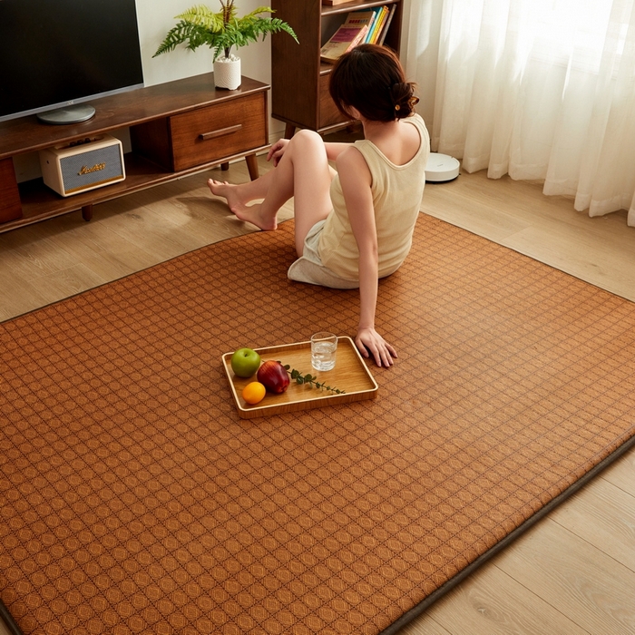 91家纺网 家纺一手货源 找家纺 祁恋婷家居 2024新款日式榻榻米冰藤午睡垫-大床 九方格-咖色