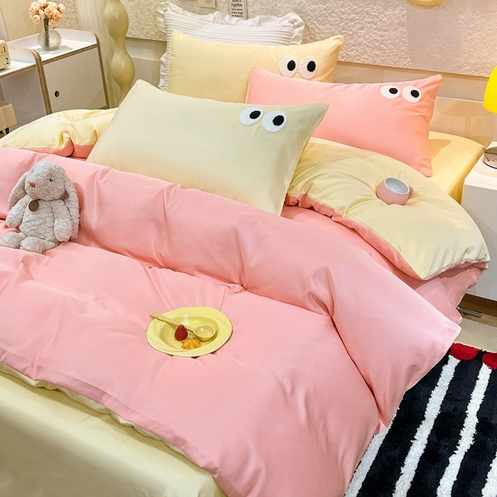 91家纺网 家纺一手货源 找家纺 艾米家居 2025新款水洗真丝大眼睛系列四件套 玉色+黄