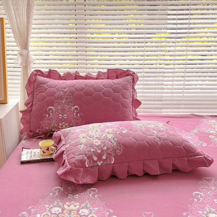 91家纺网 家纺一手货源 找家纺 情煊家纺 2024新款全棉斜纹花边床单系列-印花款 锦绣花期-豆沙