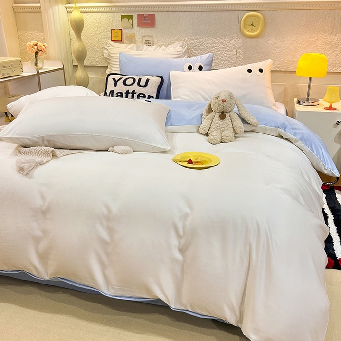 91家纺网 家纺一手货源 找家纺 艾米家居 2025新款水洗真丝大眼睛系列四件套 白+ 蓝