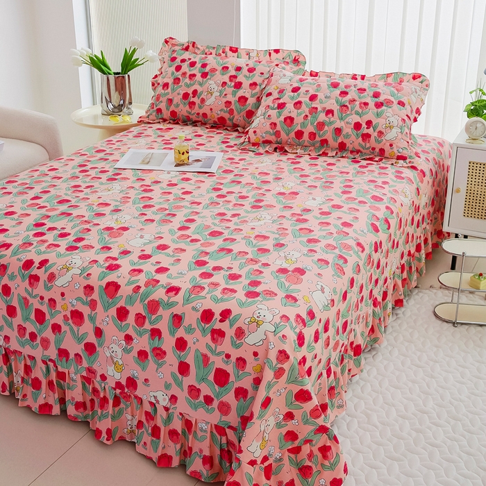 91家纺网 家纺一手货源 找家纺 情煊家纺 2024新款全棉斜纹花边床单系列-印花款 花间白兔