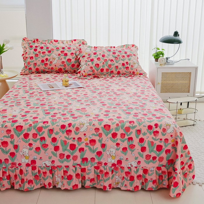 91家纺网 家纺一手货源 找家纺 情煊家纺 2024新款全棉斜纹花边床单系列-印花款 花间白兔