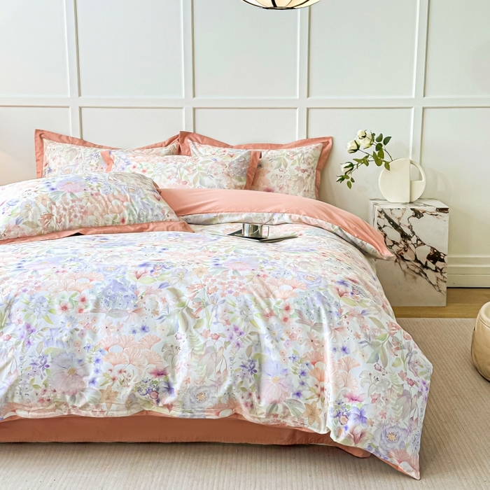 91家纺网 家纺一手货源 找家纺 棉生活 2024新款铂金棉高支数码印花四件套 盛夏光景　粉