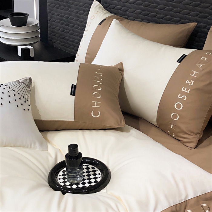 91家纺网 家纺一手货源 找家纺 凯磊 2024新款简约家居.刺绣纯色拼色四件套--伊可系列（拍法一） 峰白+木咖