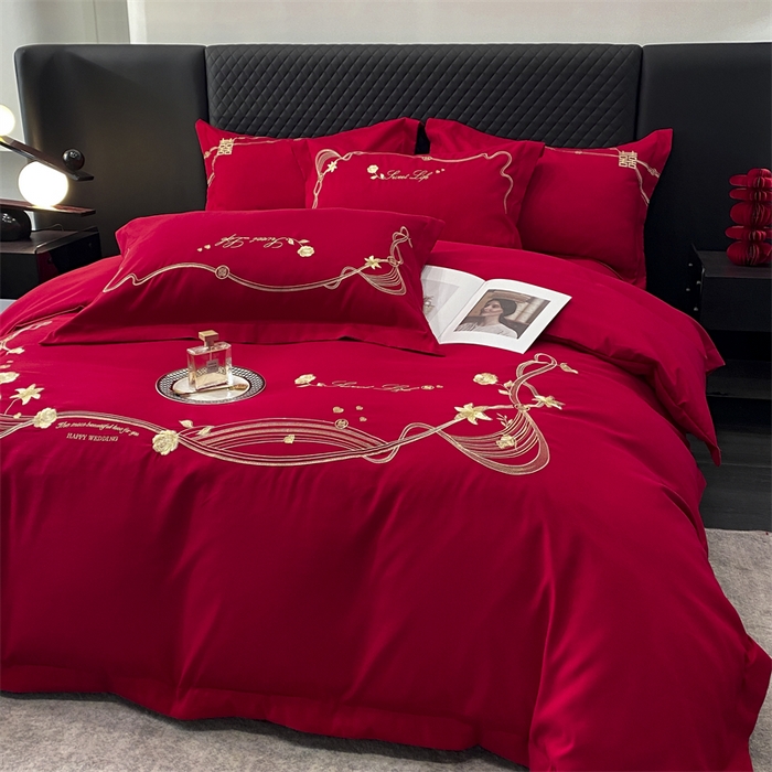 91家纺网 家纺一手货源 找家纺 宅家居 2024新款磨毛亲肤棉婚庆刺绣花四件套 锦上添花