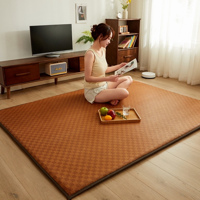 91家纺网 家纺一手货源 找家纺 祁恋婷家居 2024新款日式榻榻米冰藤午睡垫-小床 罗马格-咖色