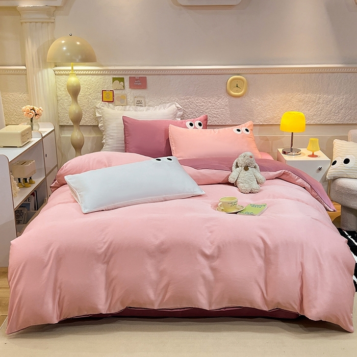 91家纺网 家纺一手货源 找家纺 艾米家居 2025新款水洗真丝大眼睛系列四件套 豆沙+玫红