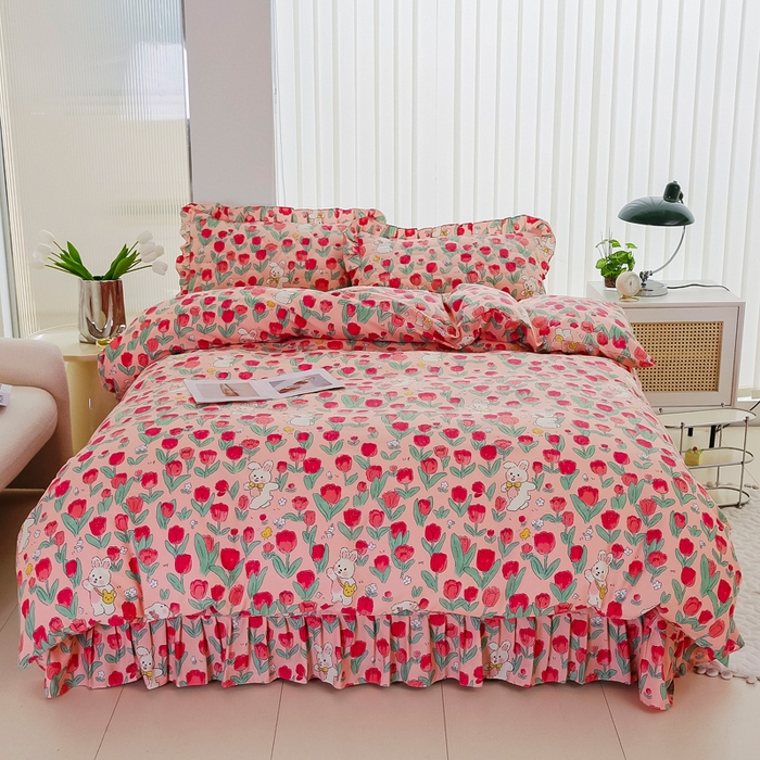 91家纺网 家纺一手货源 找家纺 情煊家纺 2024新款全棉斜纹花边床单系列-印花款 花间白兔