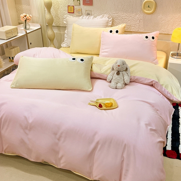 91家纺网 家纺一手货源 找家纺 艾米家居 2025新款水洗真丝大眼睛系列四件套 粉+黄