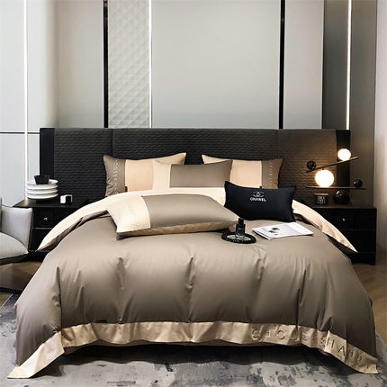 91家纺网 家纺一手货源 找家纺 凯磊 2024新款简约家居.刺绣纯色拼色四件套--伊可系列（拍法一） 奶咖色+饼干色