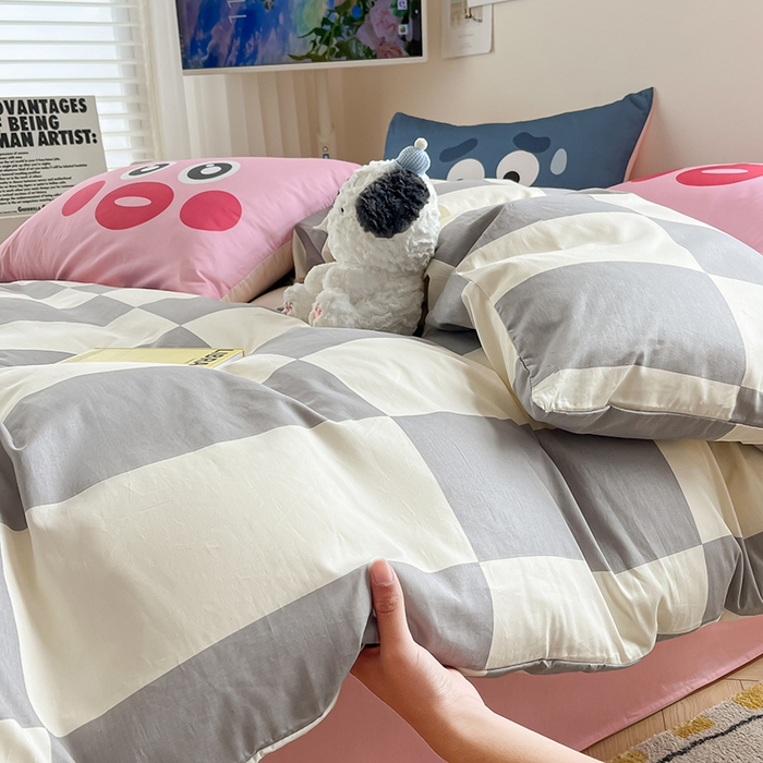 91家纺网 家纺一手货源 找家纺  2024新款大版枕套数码印花全棉四件套 灰格子