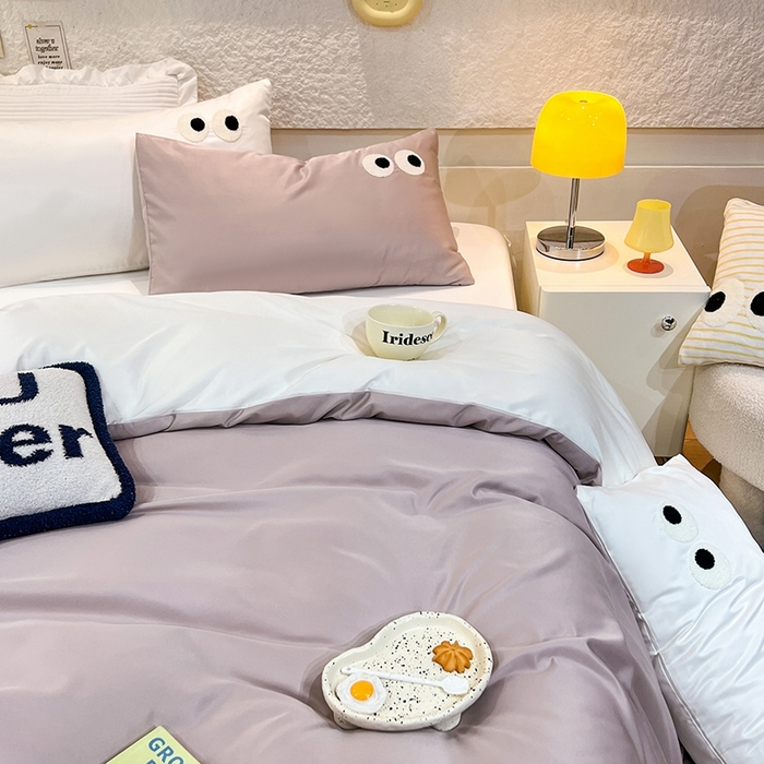 91家纺网 家纺一手货源 找家纺 艾米家居 2025新款水洗真丝大眼睛系列四件套 香槟+白