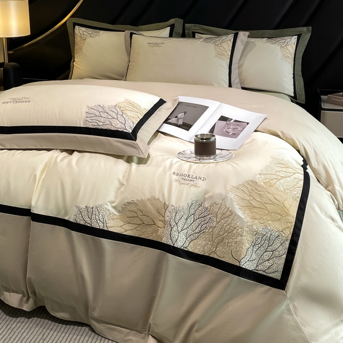 91家纺网 家纺一手货源 找家纺 绒世界 绒世界 2025新款全棉60S刺绣床单床笠高档四件套 浅栗咖