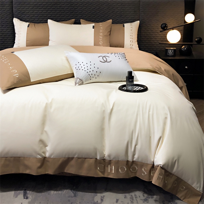 91家纺网 家纺一手货源 找家纺 凯磊 2024新款简约家居.刺绣纯色拼色四件套--伊可系列（拍法一） 峰白+木咖