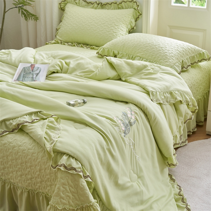 91家纺网 家纺一手货源 找家纺 恒爱家纺 2024新款玉玲珑单床盖 芥末绿