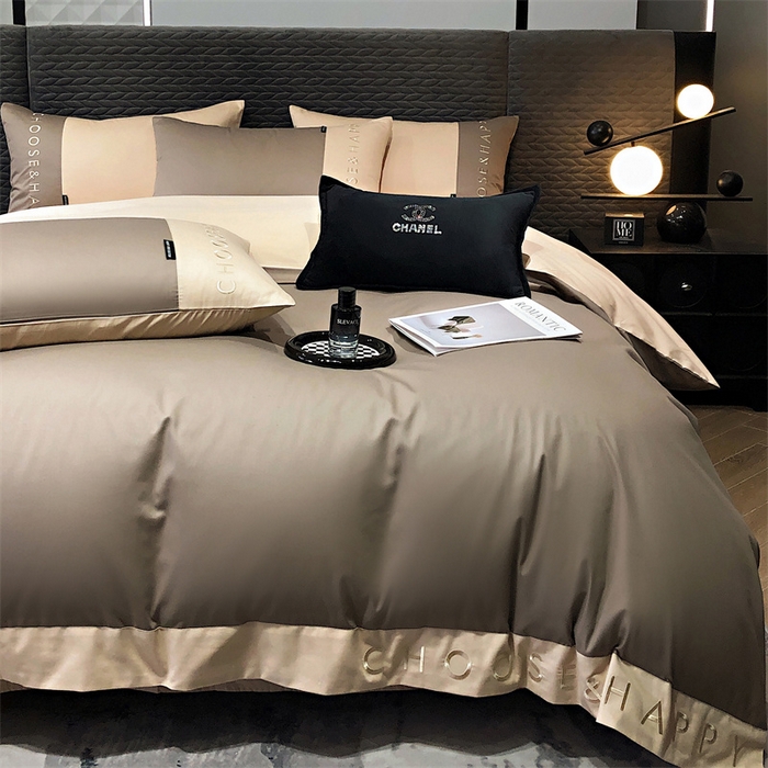 91家纺网 家纺一手货源 找家纺 凯磊 2024新款简约家居.刺绣纯色拼色四件套--伊可系列（拍法一） 奶咖色+饼干色