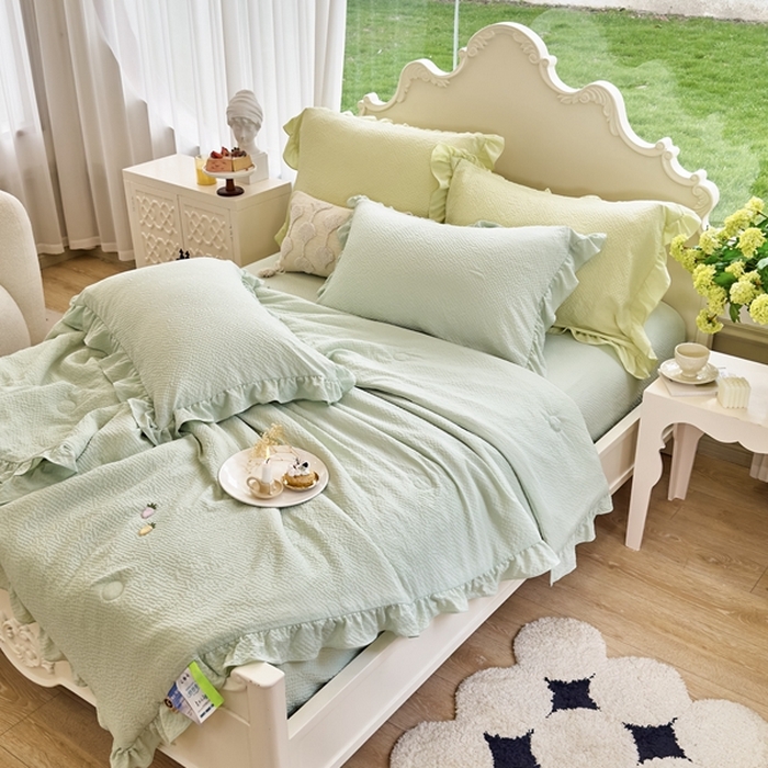 91家纺网 家纺一手货源 找家纺 米菲 2024新款泡泡棉纯色花边款夏被夏被四件套 松石绿