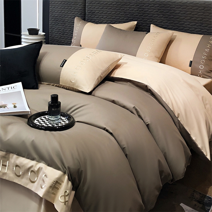 91家纺网 家纺一手货源 找家纺 凯磊 2024新款简约家居.刺绣纯色拼色四件套--伊可系列（拍法一） 奶咖色+饼干色