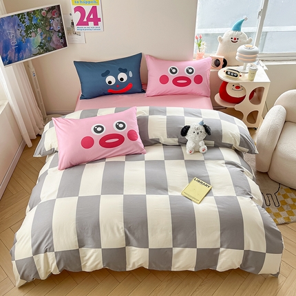  2024新款大版枕套数码印花全棉四件套 灰格子