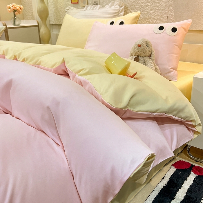 91家纺网 家纺一手货源 找家纺 艾米家居 2025新款水洗真丝大眼睛系列四件套 粉+黄