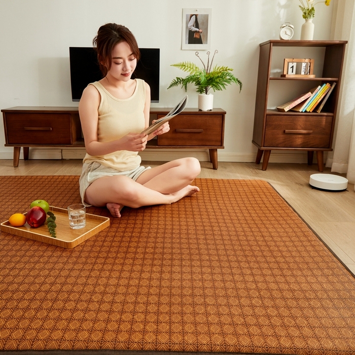 91家纺网 家纺一手货源 找家纺 祁恋婷家居 2024新款日式榻榻米冰藤午睡垫-大床 九方格-咖色