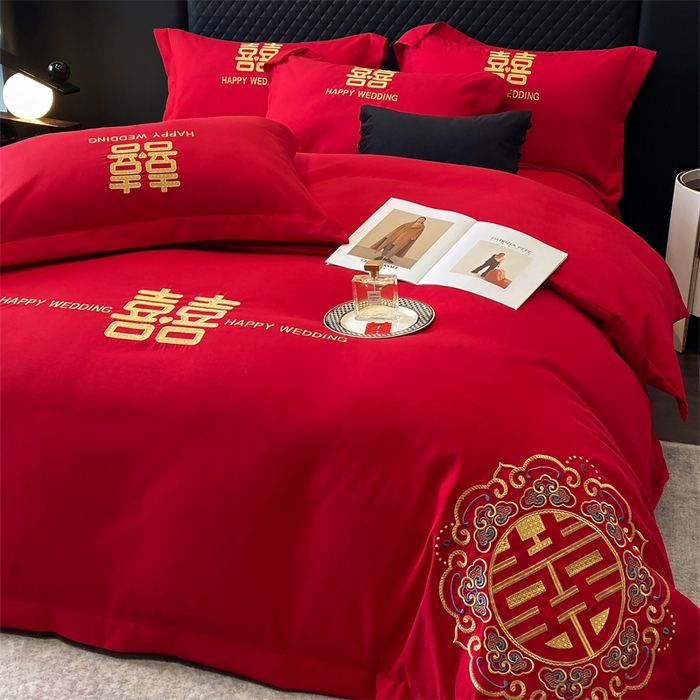 91家纺网 家纺一手货源 找家纺 宅家居 2024新款磨毛亲肤棉婚庆刺绣花四件套 喜上加喜