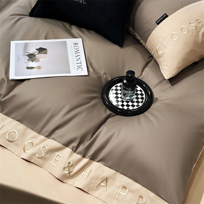 91家纺网 家纺一手货源 找家纺 凯磊 2024新款简约家居.刺绣纯色拼色四件套--伊可系列（拍法一） 奶咖色+饼干色