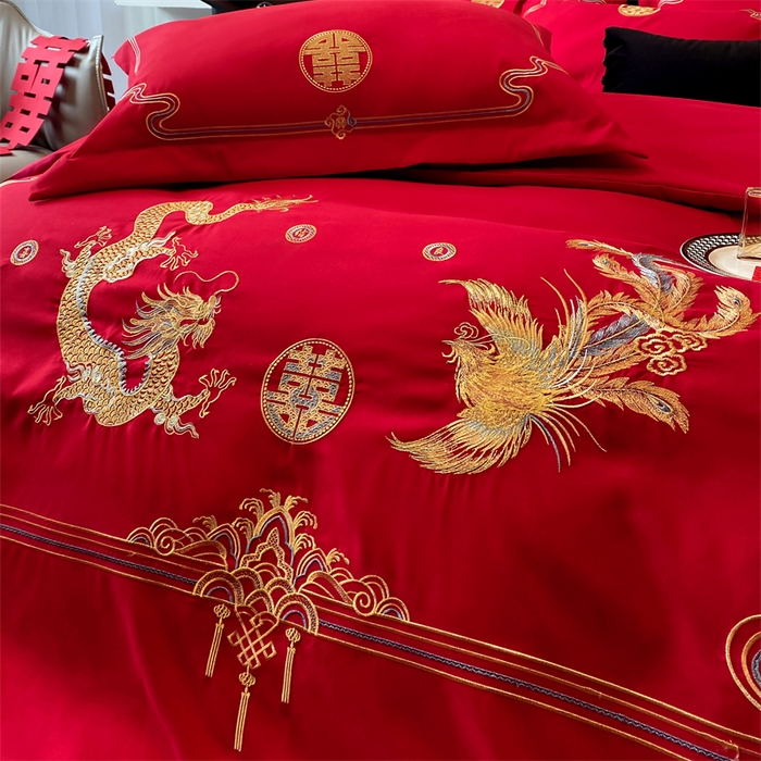 91家纺网 家纺一手货源 找家纺 宅家居 2024新款磨毛亲肤棉婚庆刺绣花四件套 幸福龙凤