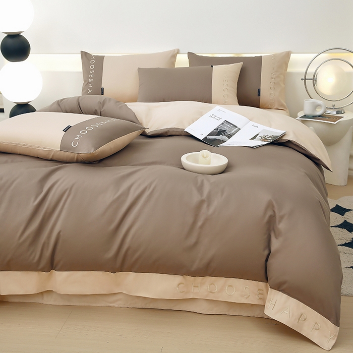 91家纺网 家纺一手货源 找家纺 2024新款简约家居.刺绣纯色拼色四件套--伊可系列 伊可-奶咖色+饼干色