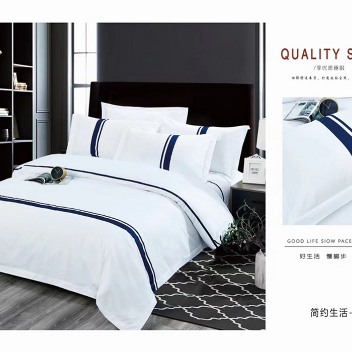 91家纺网 家纺一手货源 找家纺 宜眠家纺 40支60支全棉贡缎印花四件套纯棉四件套酒店四件套 简约生活 蓝