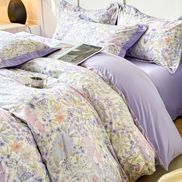 91家纺网 家纺一手货源 找家纺 棉生活 2024新款铂金棉高支数码印花四件套 盛夏光景　紫