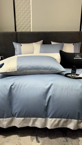 91家纺网 家纺一手货源 找家纺 凯磊 2024新款简约家居.刺绣纯色拼色四件套--伊可系列（拍法一） 雪青蓝+烟灰