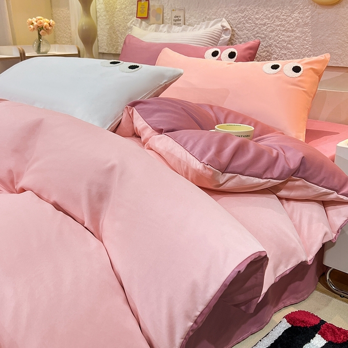 91家纺网 家纺一手货源 找家纺 艾米家居 2025新款水洗真丝大眼睛系列四件套 豆沙+玫红