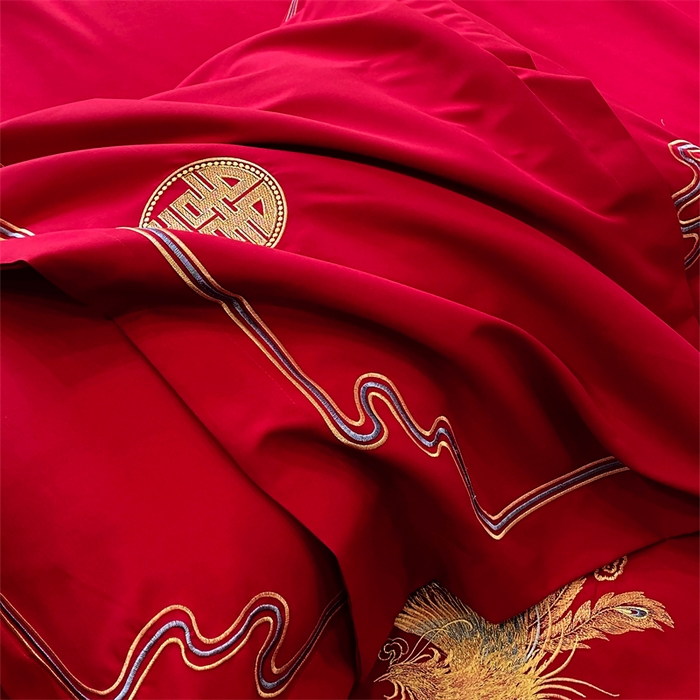 91家纺网 家纺一手货源 找家纺 宅家居 2024新款磨毛亲肤棉婚庆刺绣花四件套 幸福龙凤