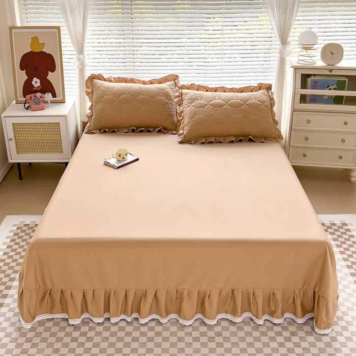 91家纺网 家纺一手货源 找家纺 情煊家纺 2024新款全棉斜纹花边床单系列-纯色款 浅驼