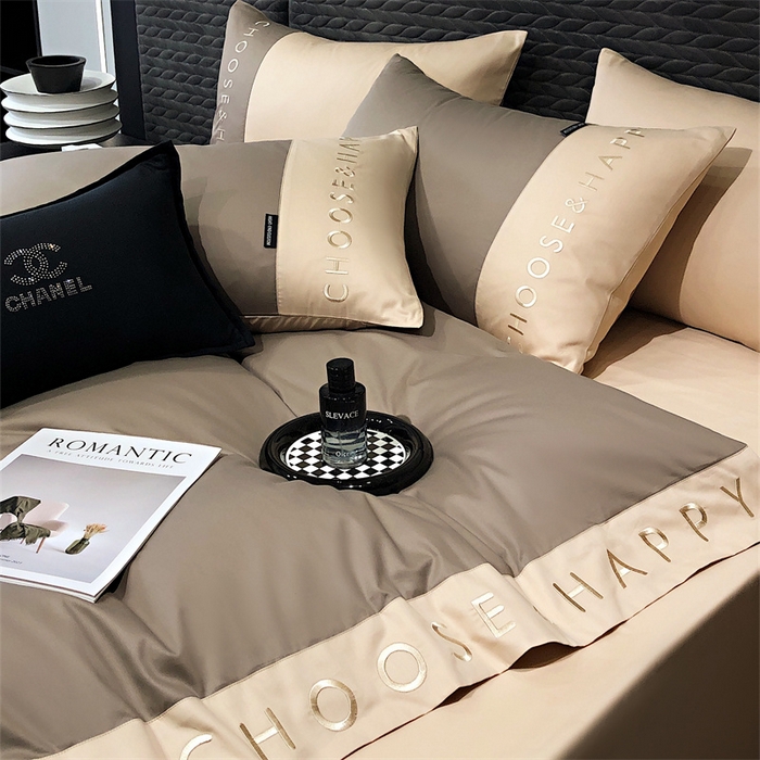 91家纺网 家纺一手货源 找家纺 凯磊 2024新款简约家居.刺绣纯色拼色四件套--伊可系列（拍法一） 奶咖色+饼干色