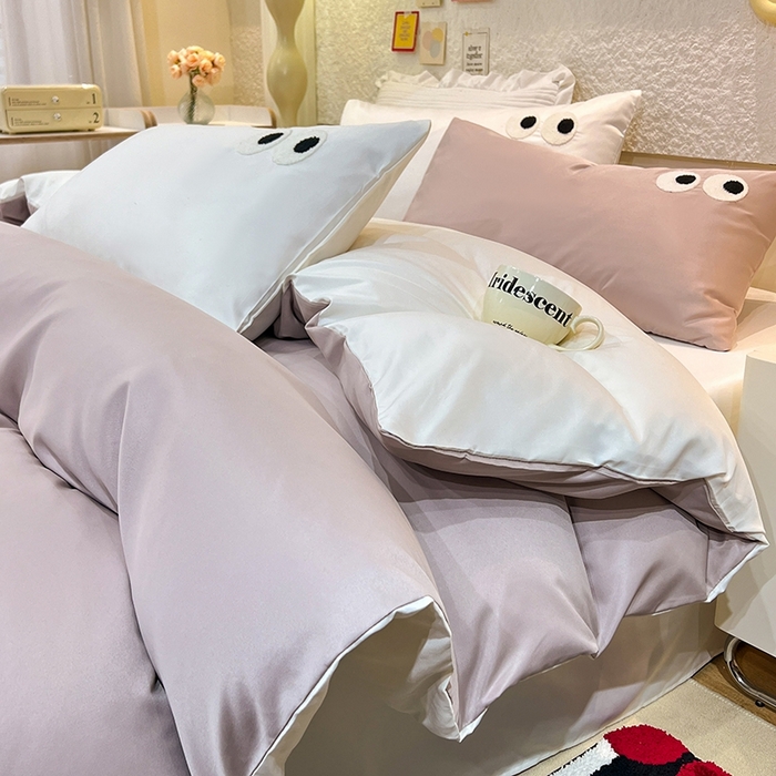 91家纺网 家纺一手货源 找家纺 艾米家居 2025新款水洗真丝大眼睛系列四件套 香槟+白