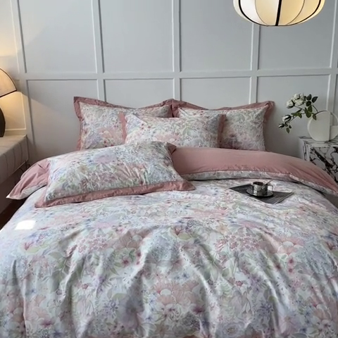 91家纺网 家纺一手货源 找家纺 棉生活 2024新款铂金棉高支数码印花四件套 盛夏光景　粉