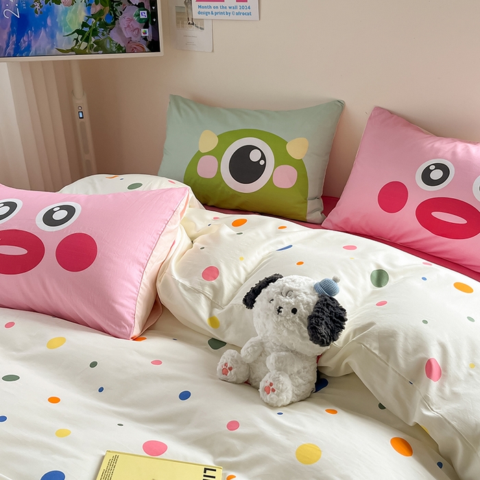 91家纺网 家纺一手货源 找家纺  2024新款大版枕套数码印花全棉四件套 彩波点