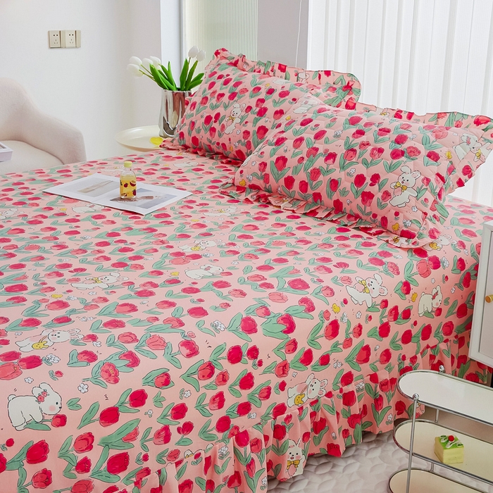 91家纺网 家纺一手货源 找家纺 情煊家纺 2024新款全棉斜纹花边床单系列-印花款 花间白兔