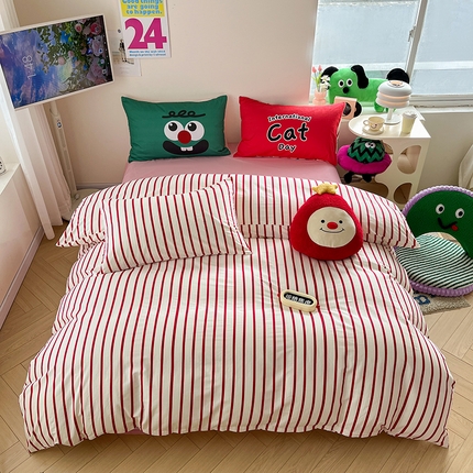  2024新款大版枕套数码印花全棉四件套 红条纹