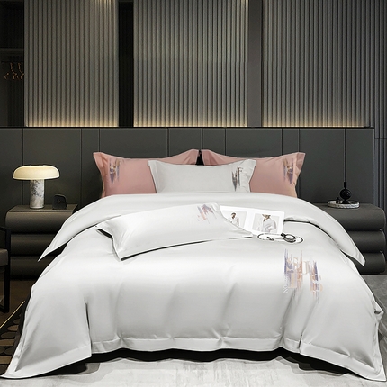 莱阁亿 2025新款高支高密长绒棉刺绣四件套--时光痕迹 时光痕迹-皓月白